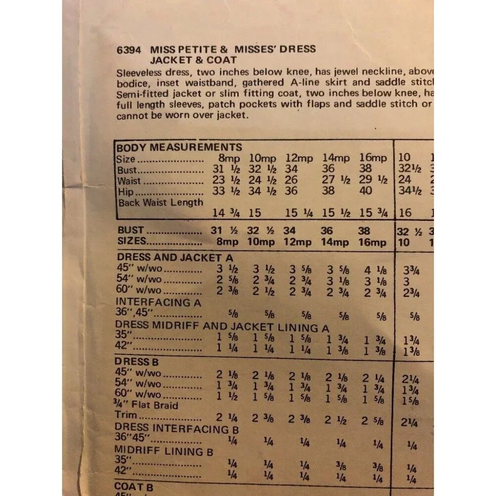 Butterick 6394 Miss Petite Sewing Pattern Dress Jacket & Coat Size 10 - Picture 3 of 7